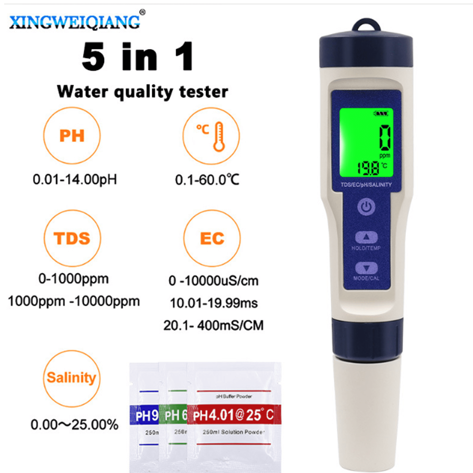Wasserqualitätstester mit Anzeige. Enthält PH, TDS, EC und Salzgehalt-Messwerte und Pulver.