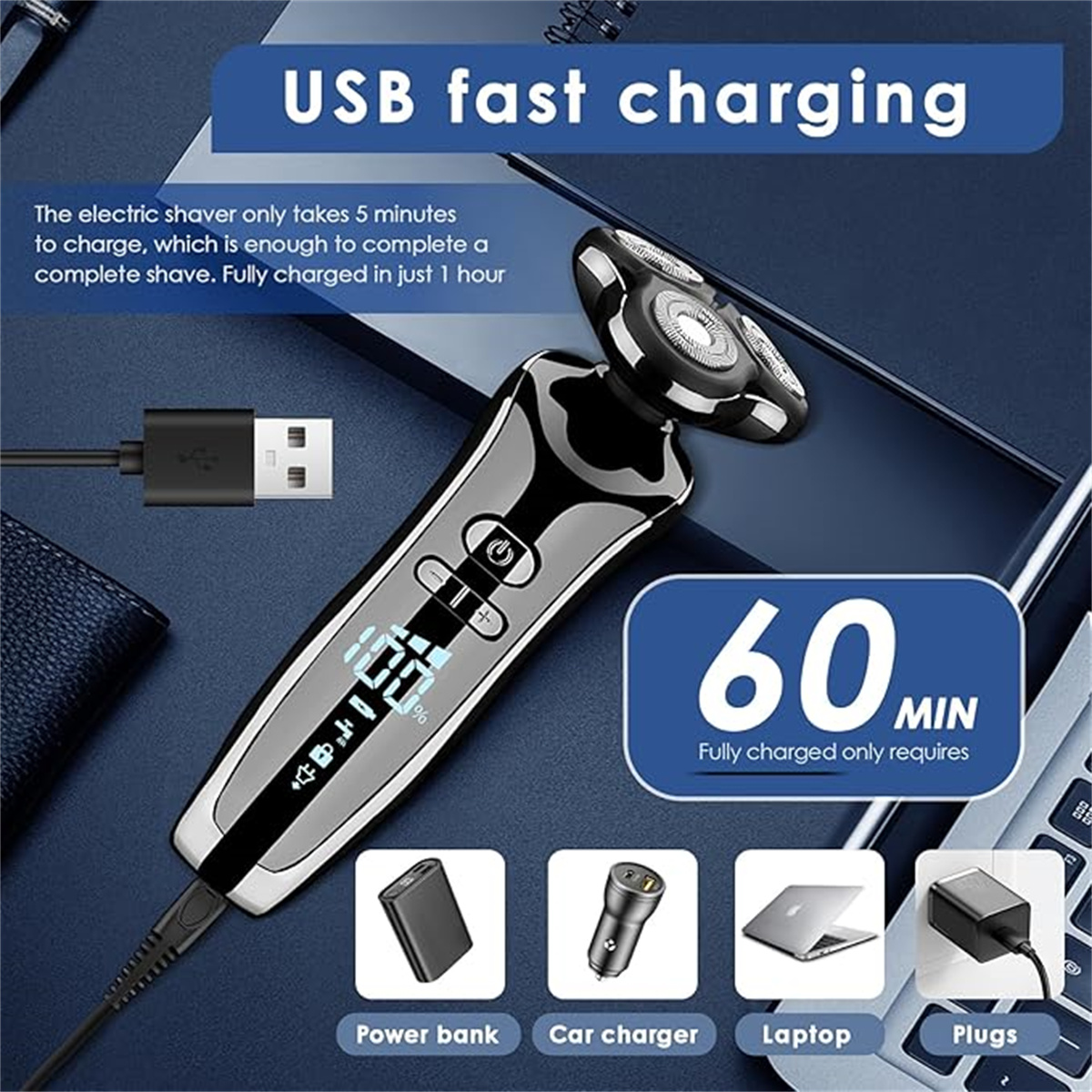Elektrischer Rasierer mit USB-Schnellladung. Zeigt Powerbank, Autoladegerät, Laptop und Stecker.