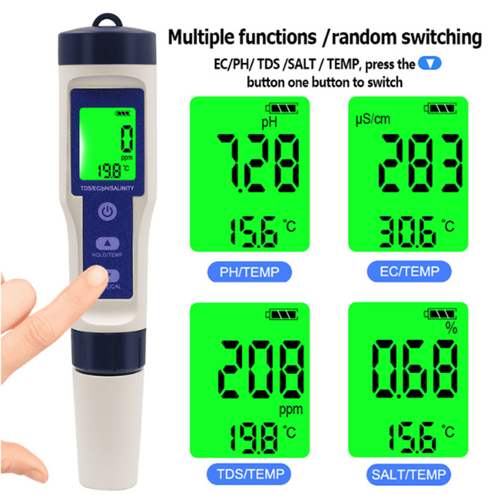 Digitales Wasserqualitätsmessgerät, zeigt mehrere Messungen für pH, TDS und Temperatur.