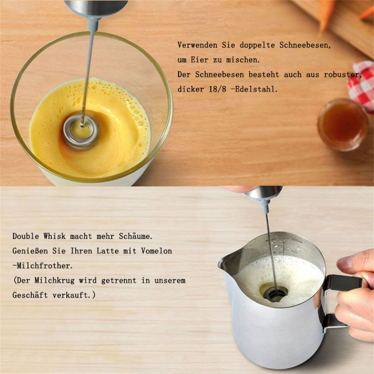 Zwei Bilder. Oben Eier schlagen. Unten Milch aufschäumen.