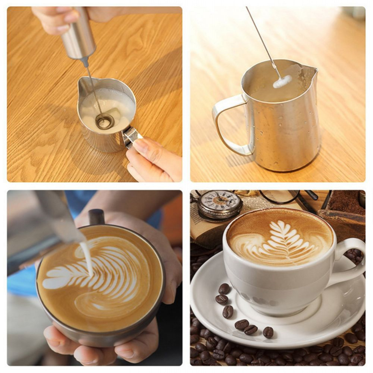 Vier Fotos zeigen das Aufschäumen von Milch für Kaffee und das fertige Latte-Getränk.