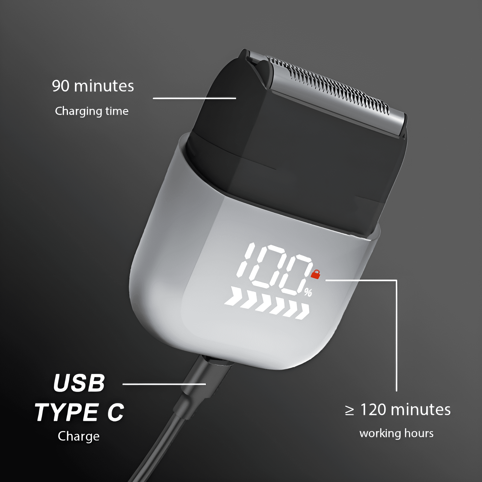 Elektrischer Rasierer mit Ladestatus. Zeigt 100 % geladen an. USB-C-Kabel.