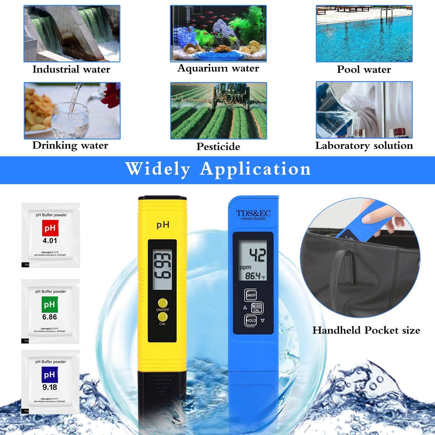 Werkzeuge und Anwendungen zur Wasserqualitätsprüfung. Zeigt verschiedene Wasserquellen und Pufferpulver.