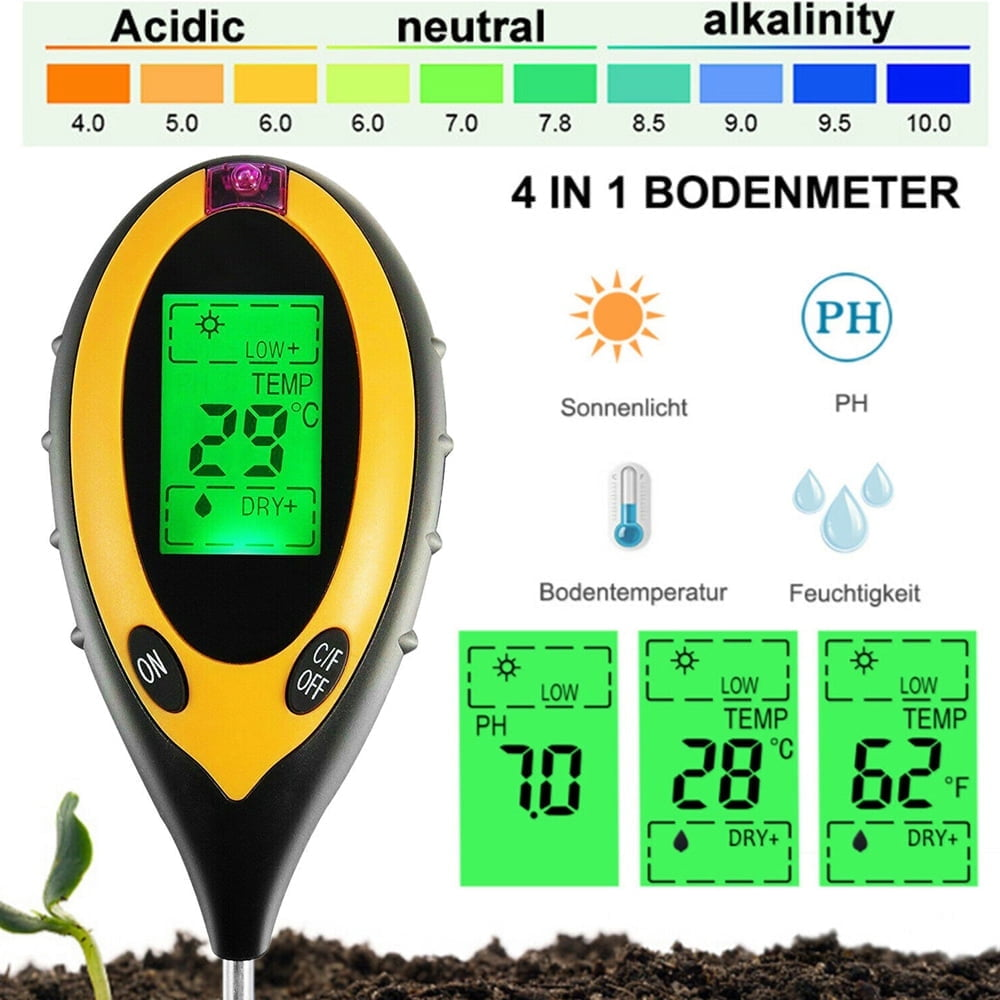 Bodenmessgerät mit Display. Zeigt pH-, Temperatur- und Feuchtigkeitswerte. Grün und gelb.