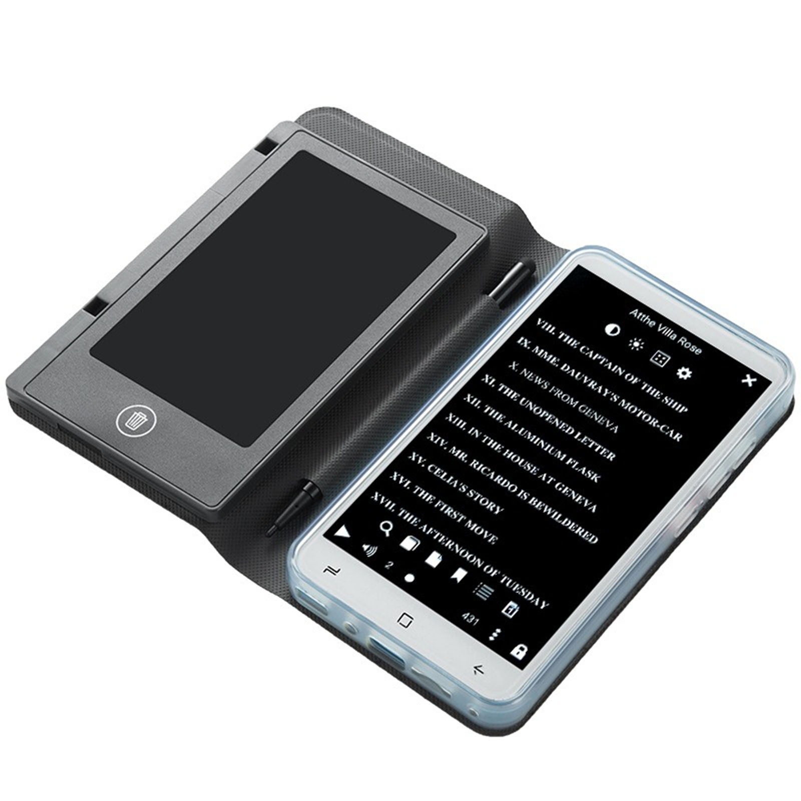 Ein Tablet und ein Smartphone mit Stift, auf einer Schutzhülle, zu einem Buch geöffnet.
