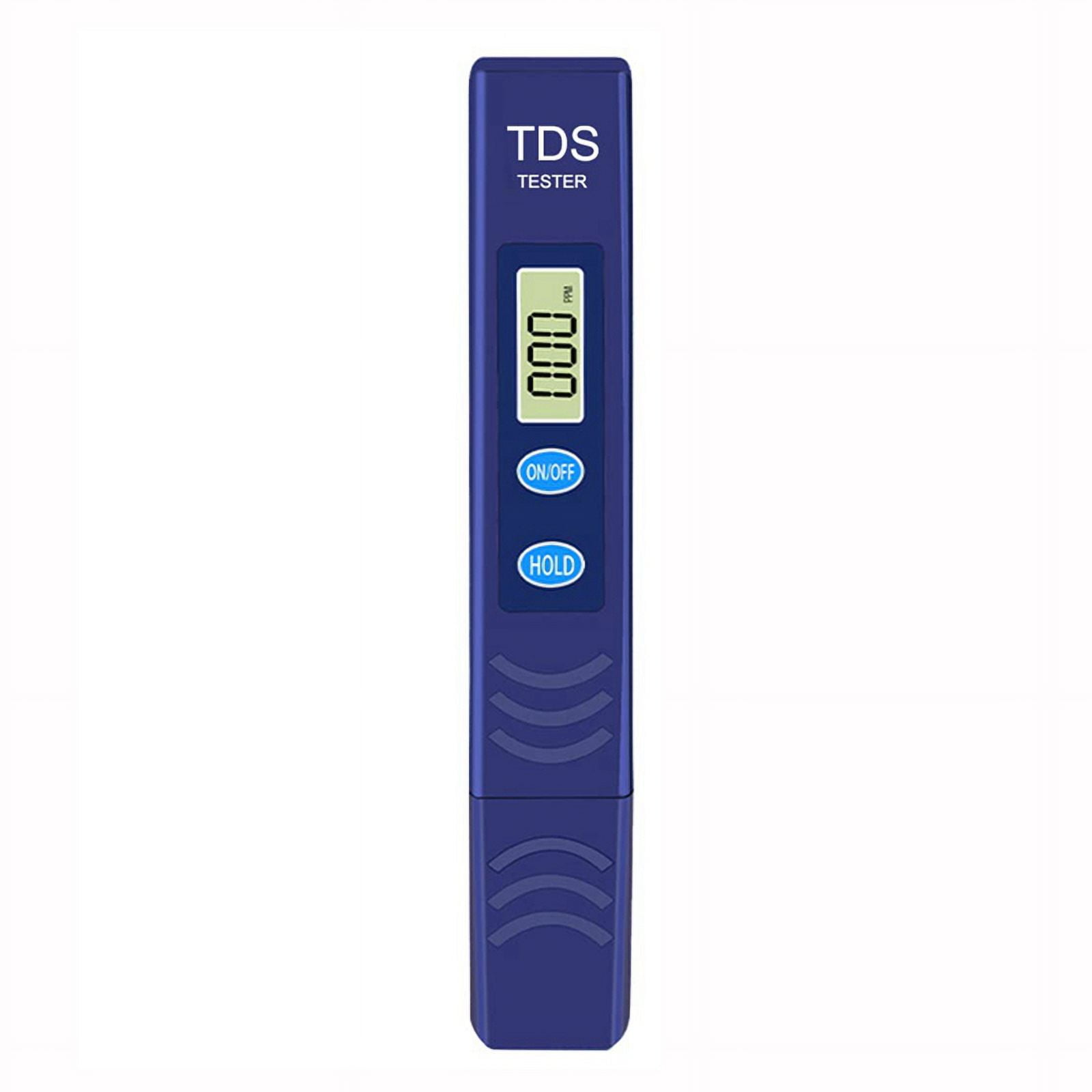 Blauer TDS-Tester-Stift. Zeigt '000 ppm'. Hat EIN/AUS, HALTEN-Tasten und Wellen-Design.