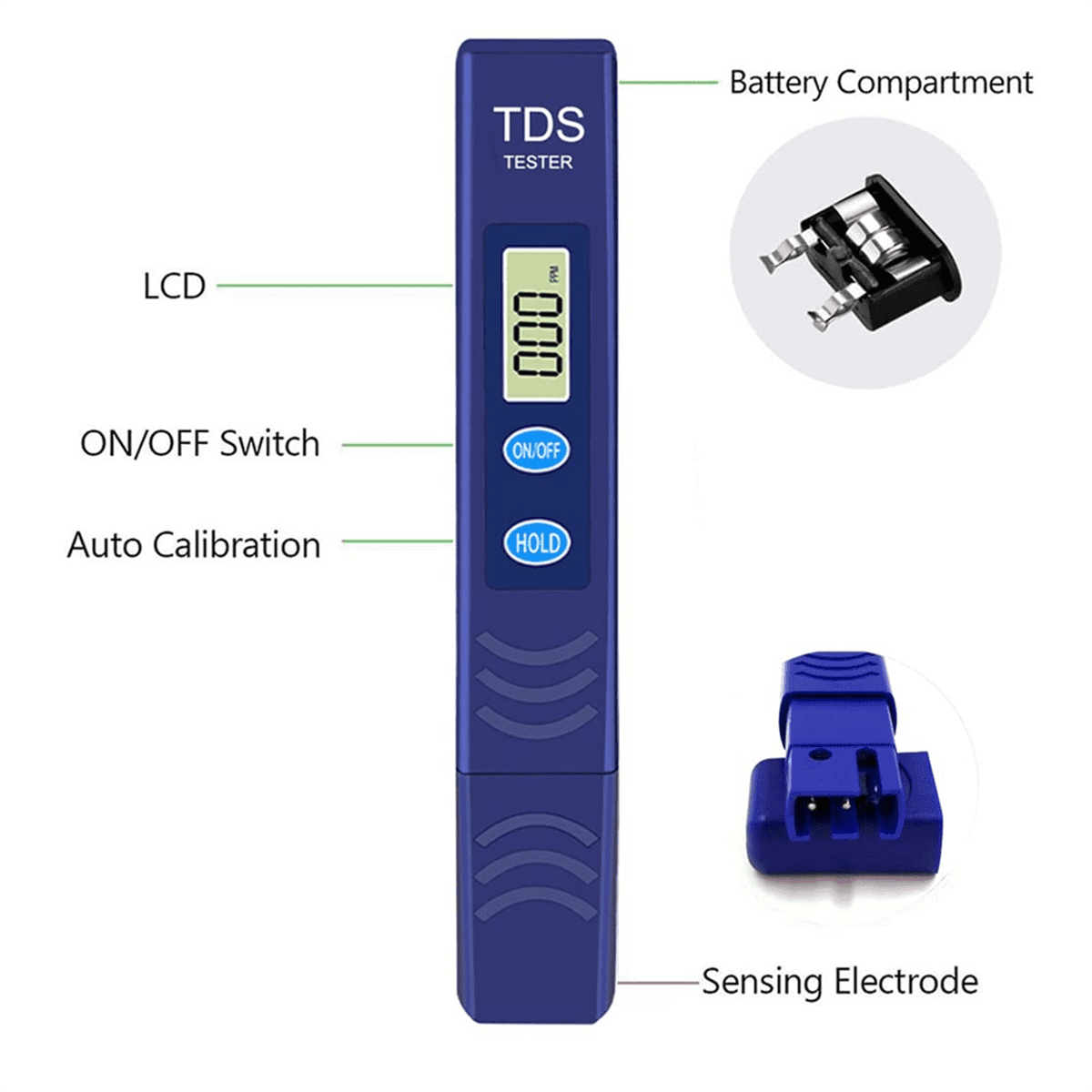 Blauer TDS-Tester-Stift mit Beschriftungen: LCD, EIN/AUS-Schalter, HALTEN, Auto-Kalibrierung, Elektrode.