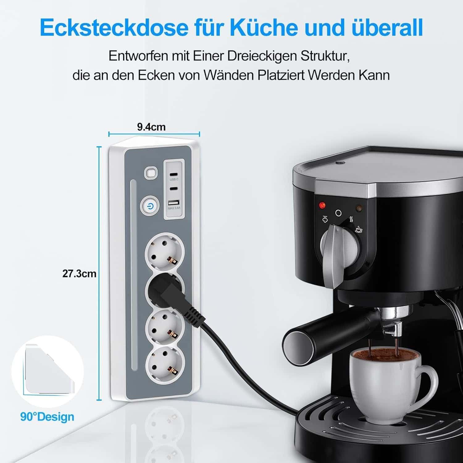 Steckdosenleiste mit Kaffeemaschine und Maßen links aufgeführt.