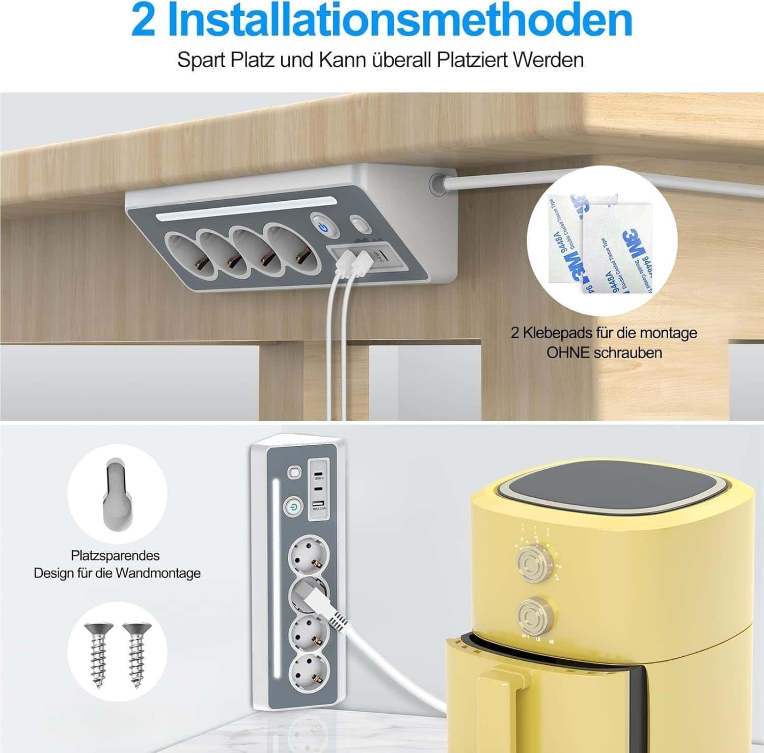 Steckdosenleiste mit zwei Installationsmethoden, einschließlich Wand- und Tischmontage.