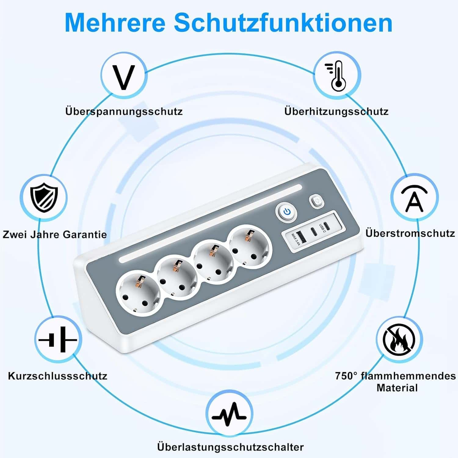 Steckdosenleiste mit mehreren Schutzfunktionen, mit Symbolen darum herum.