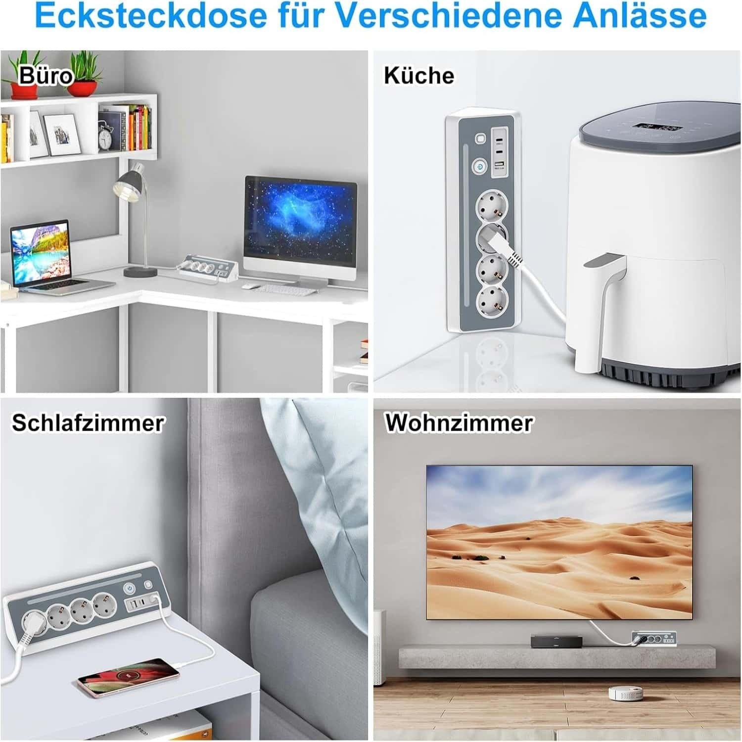 Steckdosenleiste in verschiedenen Umgebungen: Büro, Küche, Schlafzimmer und Wohnzimmer.