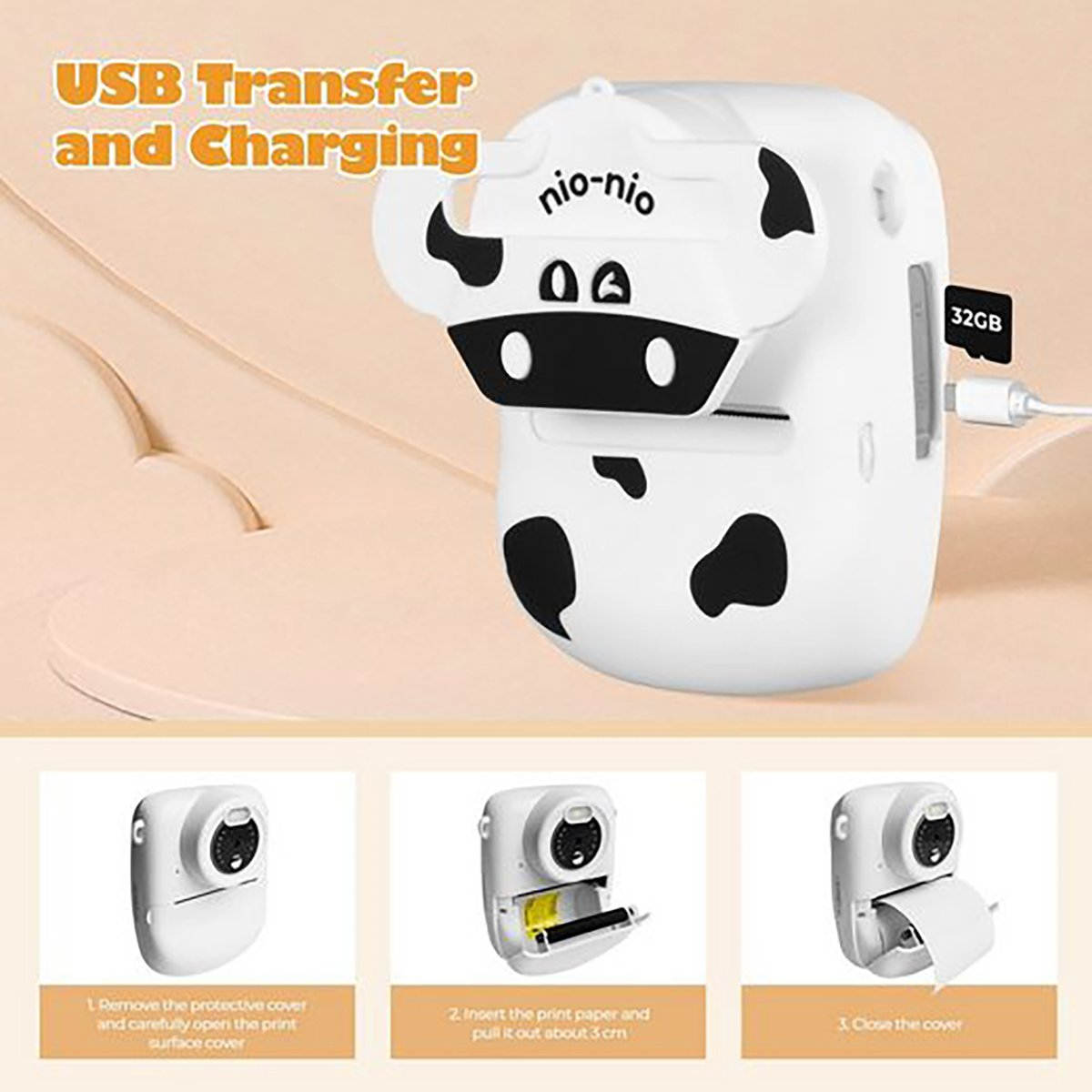 Weiße, kuhförmige Kamera mit USB-Anschluss und SD-Karte. Anweisungen zeigen, wie man Papier zum Drucken einlegt.