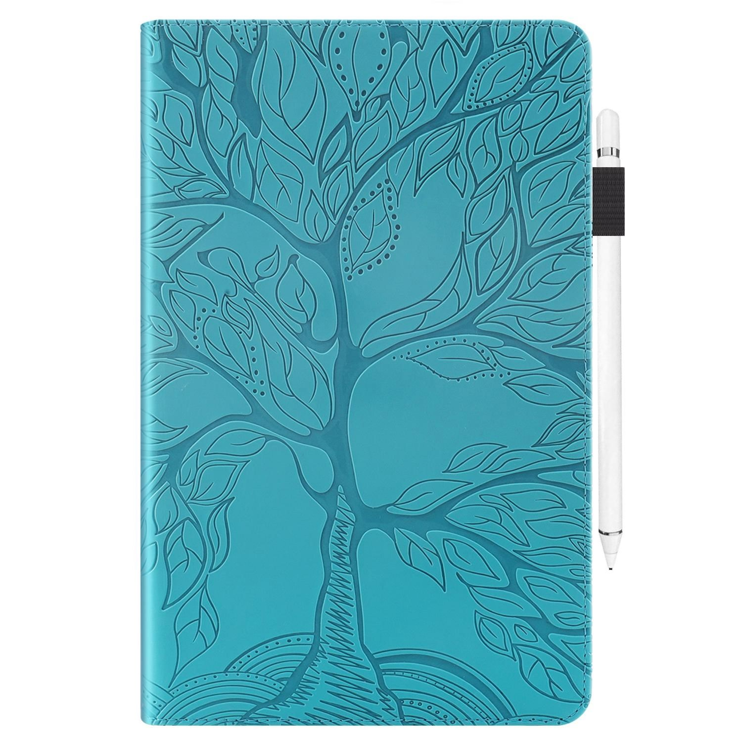 Custodia per tablet blu chiusa con motivo ad albero e penna stilo attaccata al lato.