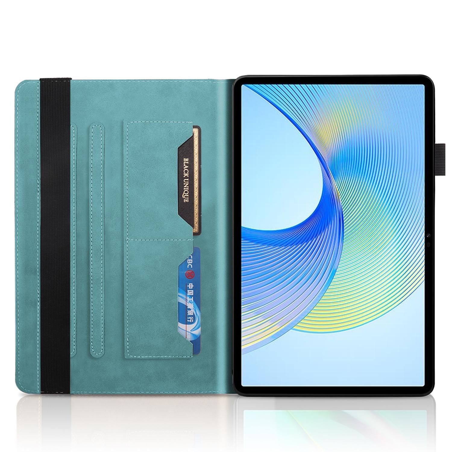 Una funda para tableta color turquesa con ranura para tarjetas y correa negra.