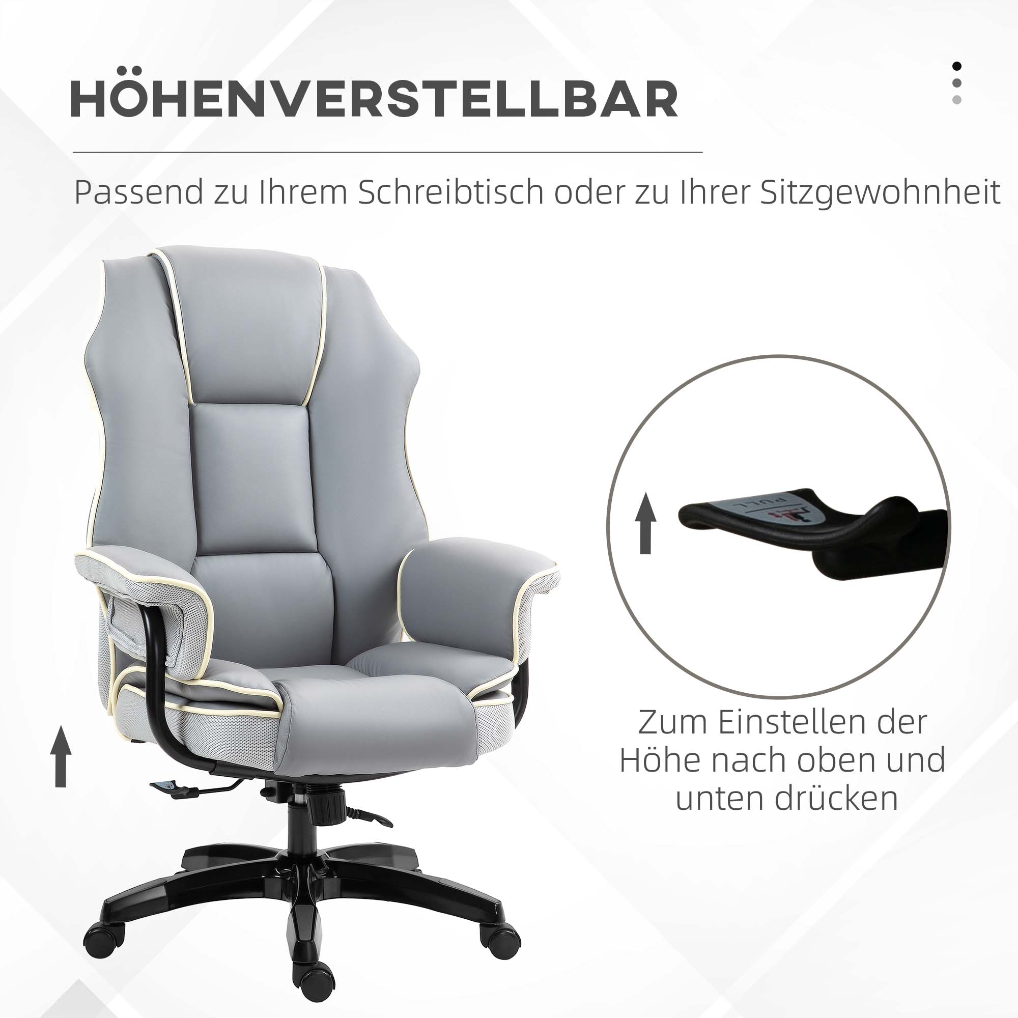 Grauer Bürostuhl mit verstellbarer Höhe und Rückenlehne. Der Stuhl steht auf weißem Hintergrund.