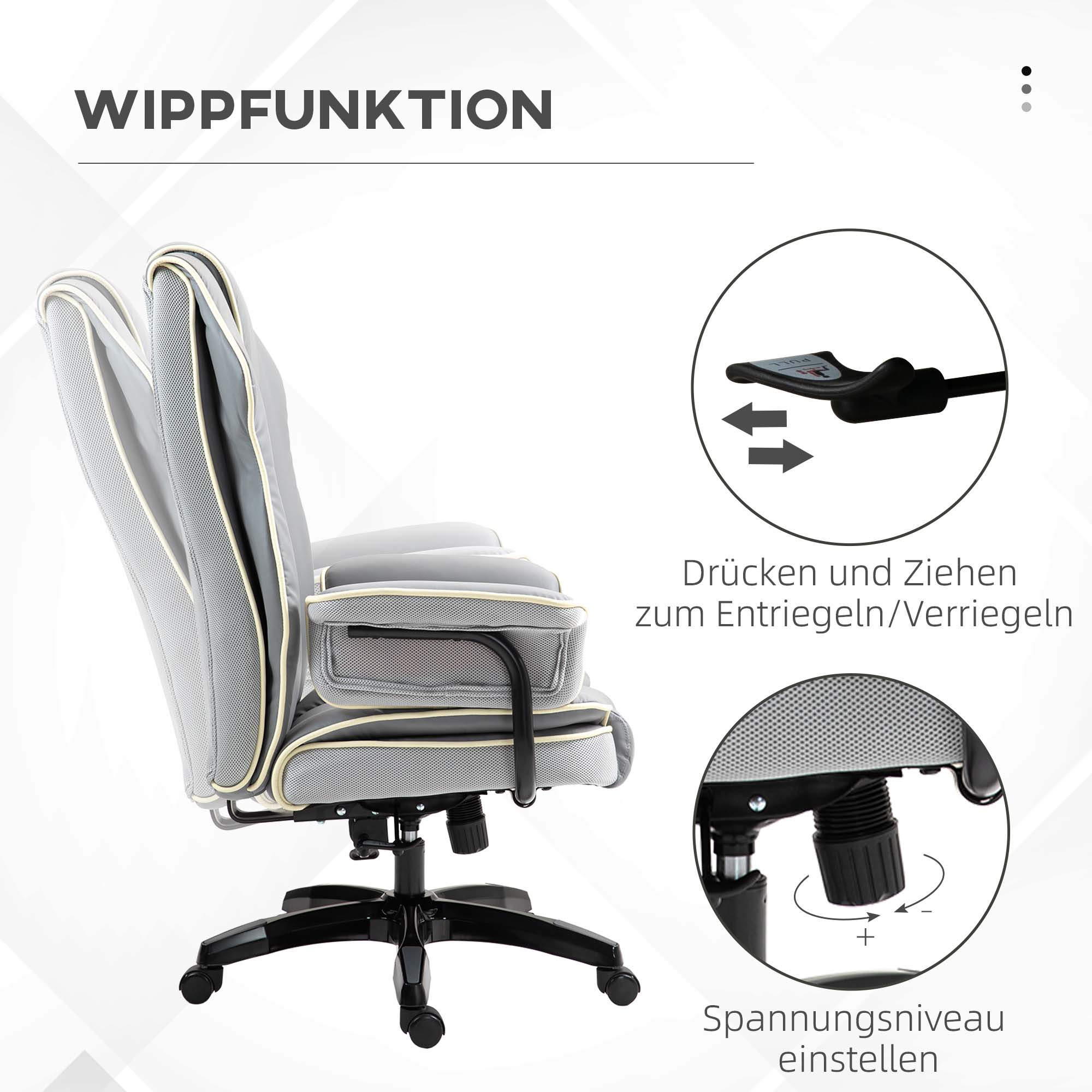 Grauer Bürostuhl mit Einstellanweisungen. Pfeile und Text zeigen die Einstellung.