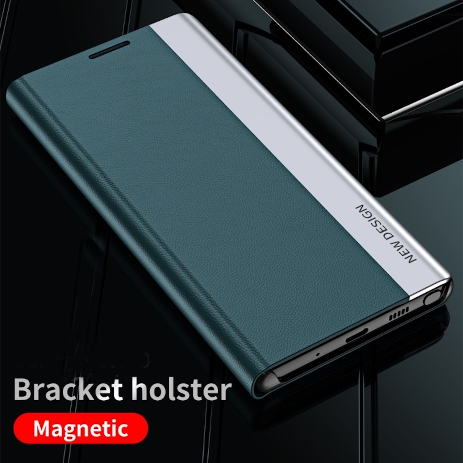 Türkisfarbene Handyhülle mit silbernem Akzent. Sie ist magnetisch und trägt die Aufschrift NEW DESIGN.