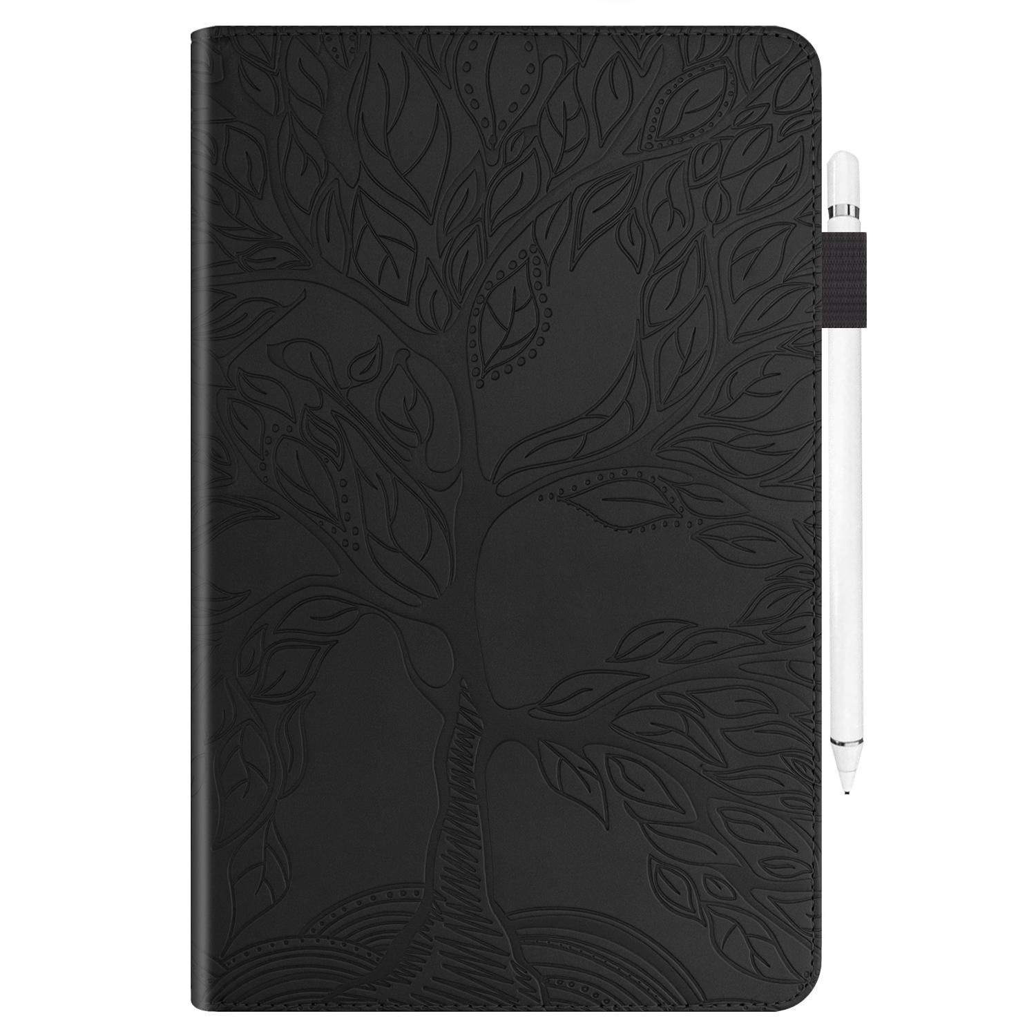 Custodia per tablet nera con design ad albero. Stilo sul lato. La custodia è chiusa e mostra il design dell'albero.