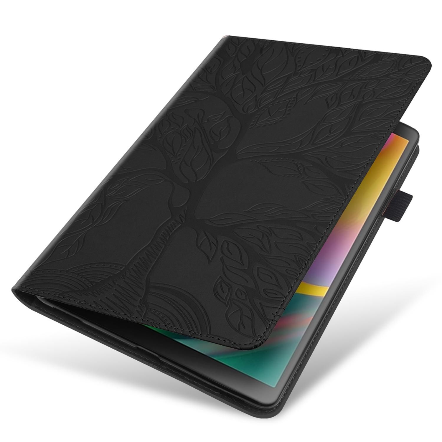 Custodia per tablet nera con design ad albero, aperta. Schermo del tablet visibile. La custodia è aperta e mostra il tablet.