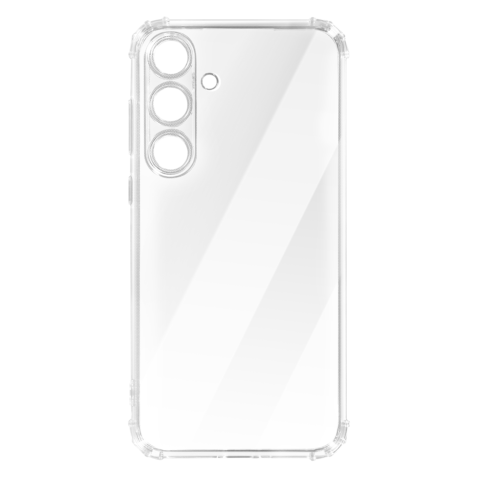 Custodia trasparente per telefono. La custodia è trasparente con ritagli per fotocamera e pulsanti, su sfondo bianco.