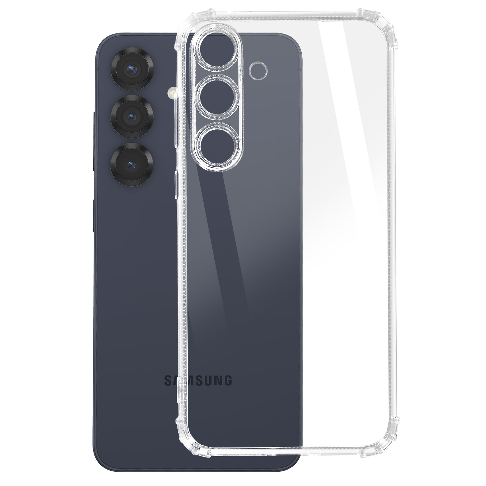 Telefono a sinistra con custodia trasparente. Ha tre fori per la fotocamera.
