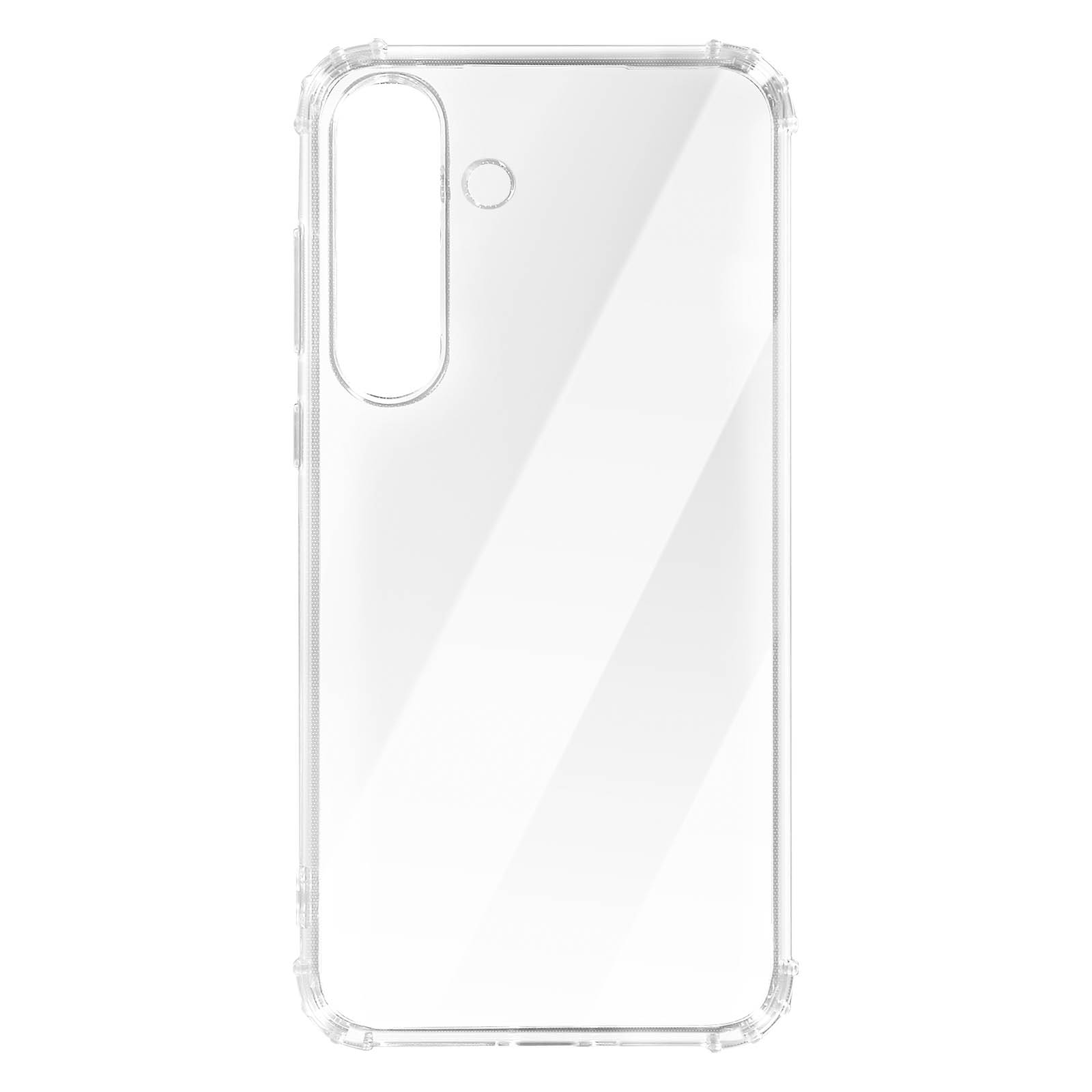 Custodia trasparente per telefono. La custodia è trasparente con ritagli per fotocamera e pulsanti, su sfondo bianco.
