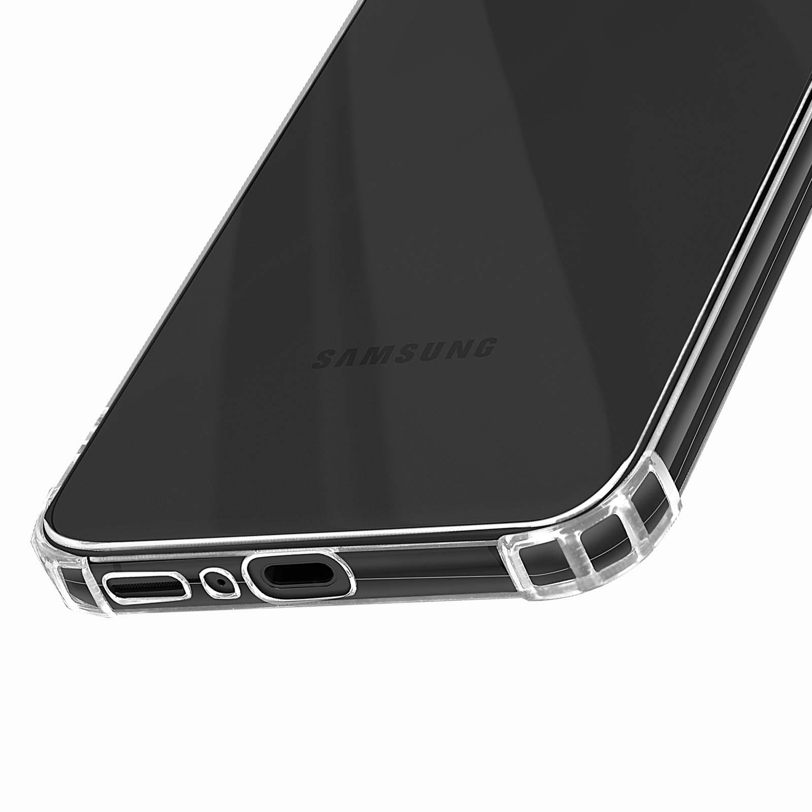 Custodia per telefono con lati trasparenti e un ritaglio per la porta di ricarica e gli altoparlanti.