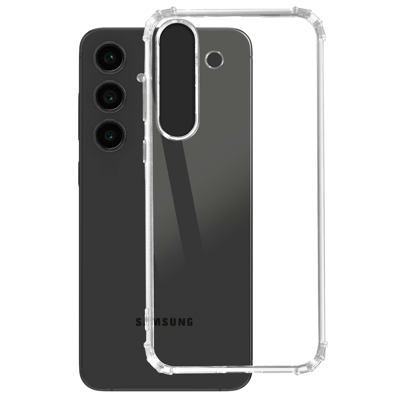 Telefono nero con custodia trasparente. Il telefono ha più fotocamere.