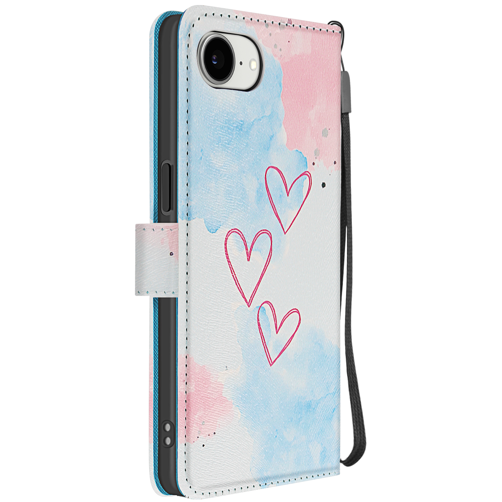 Handyhülle mit Aquarell-Herzen-Design, blau und rosa Farben und einem schwarzen Band.