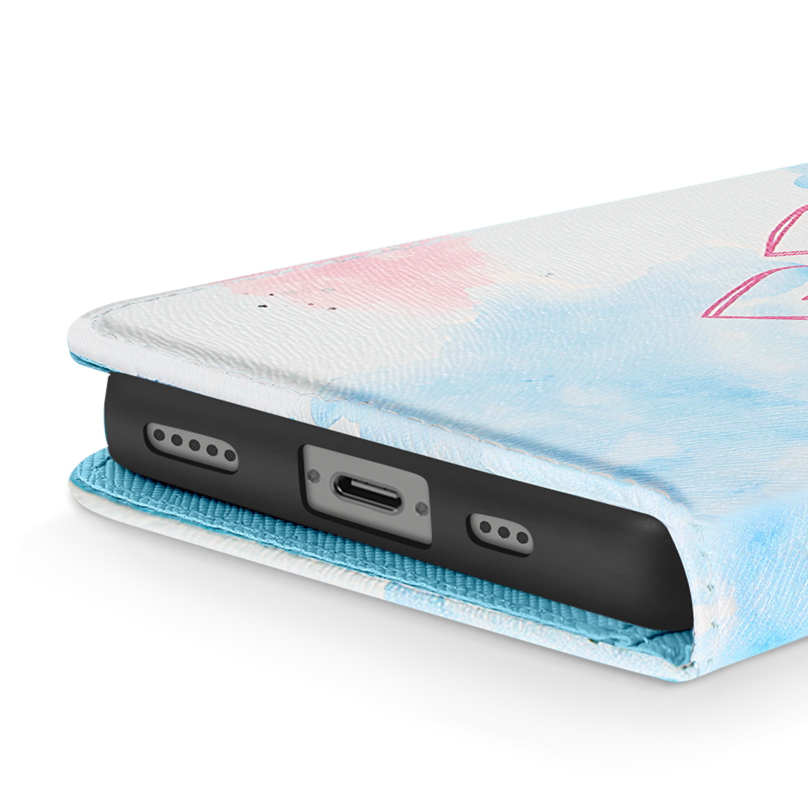 Nahaufnahme einer Handyhülle. Das Design zeigt einen blauen Aquarellhintergrund.