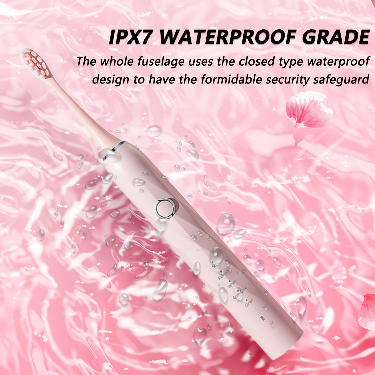 Rosa elektrische Zahnbürste im Wasser mit Blasen und Text. Weißer Bürstenkopf und rosa Griff. Pinker Hintergrund.
