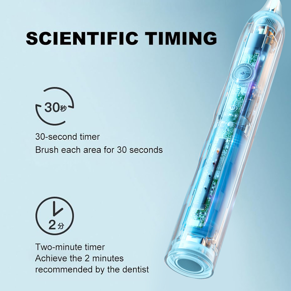 Transparente elektrische Zahnbürste mit Text über wissenschaftliches Timing. Zwei Timer zum Zähneputzen sind abgebildet.