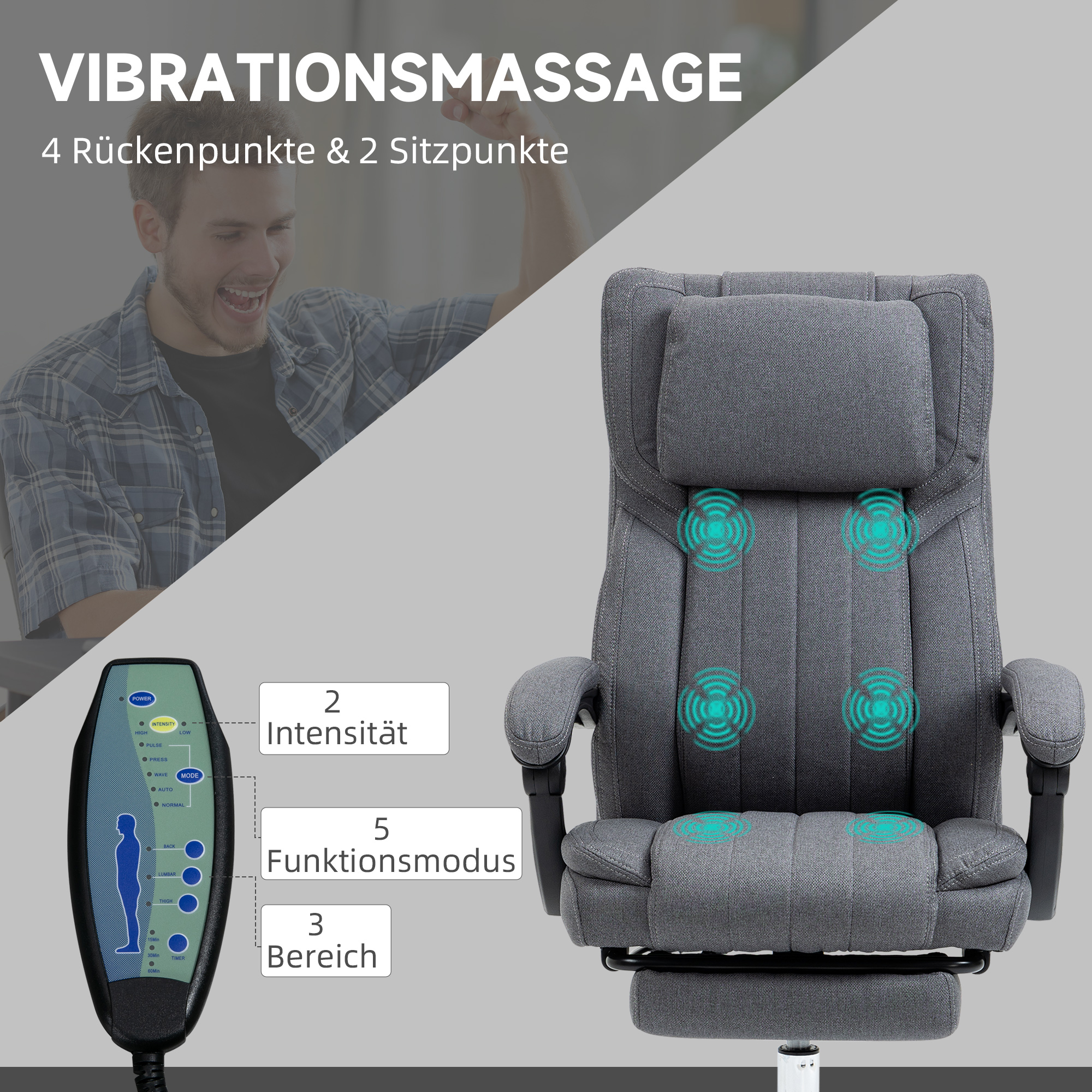 Grauer Massagestuhl mit lächelndem Mann. Stuhl hat ein Bedienfeld.