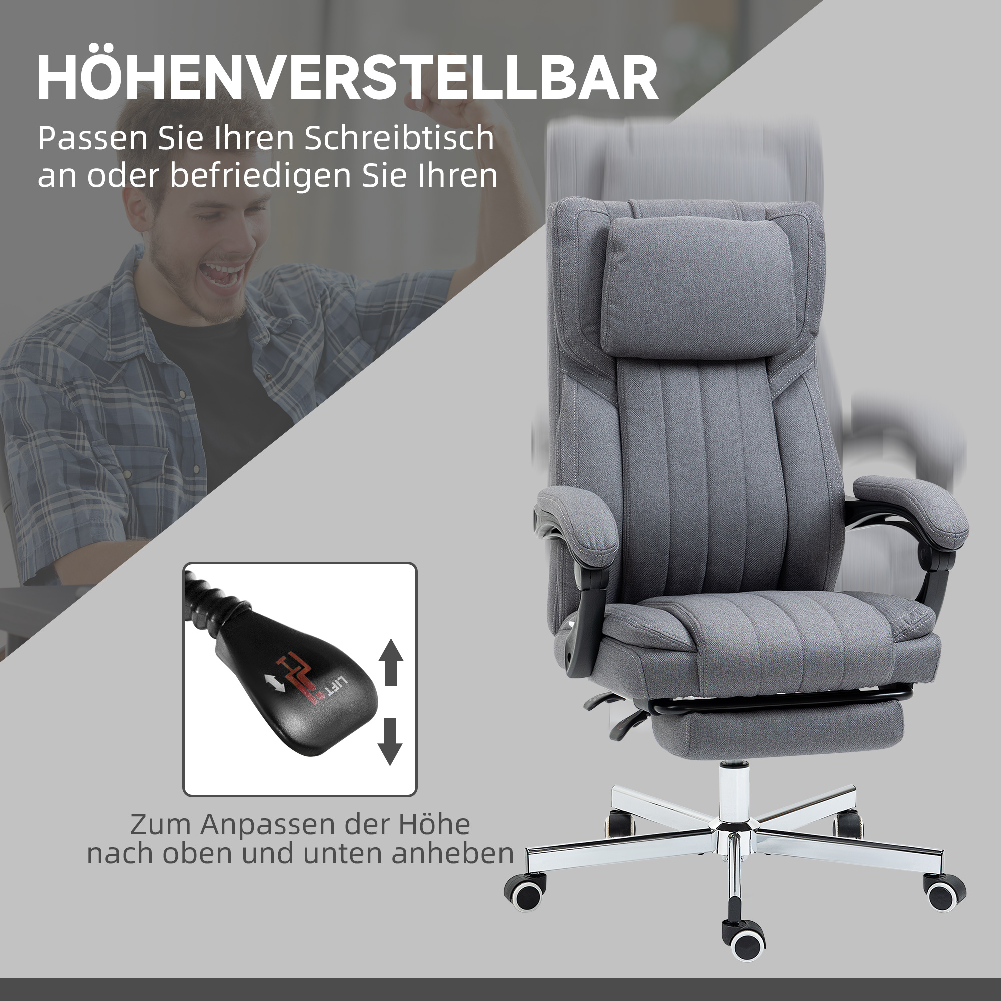 Grauer Bürostuhl mit einem Mann im Hintergrund, der die Höhenverstellung demonstriert, mit einem Pfeil nach oben und unten.