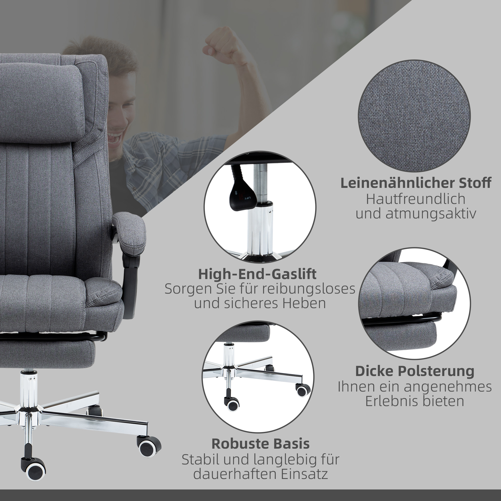 Grauer Massagestuhl mit Diagramm. Mann im Hintergrund ist aufgeregt.
