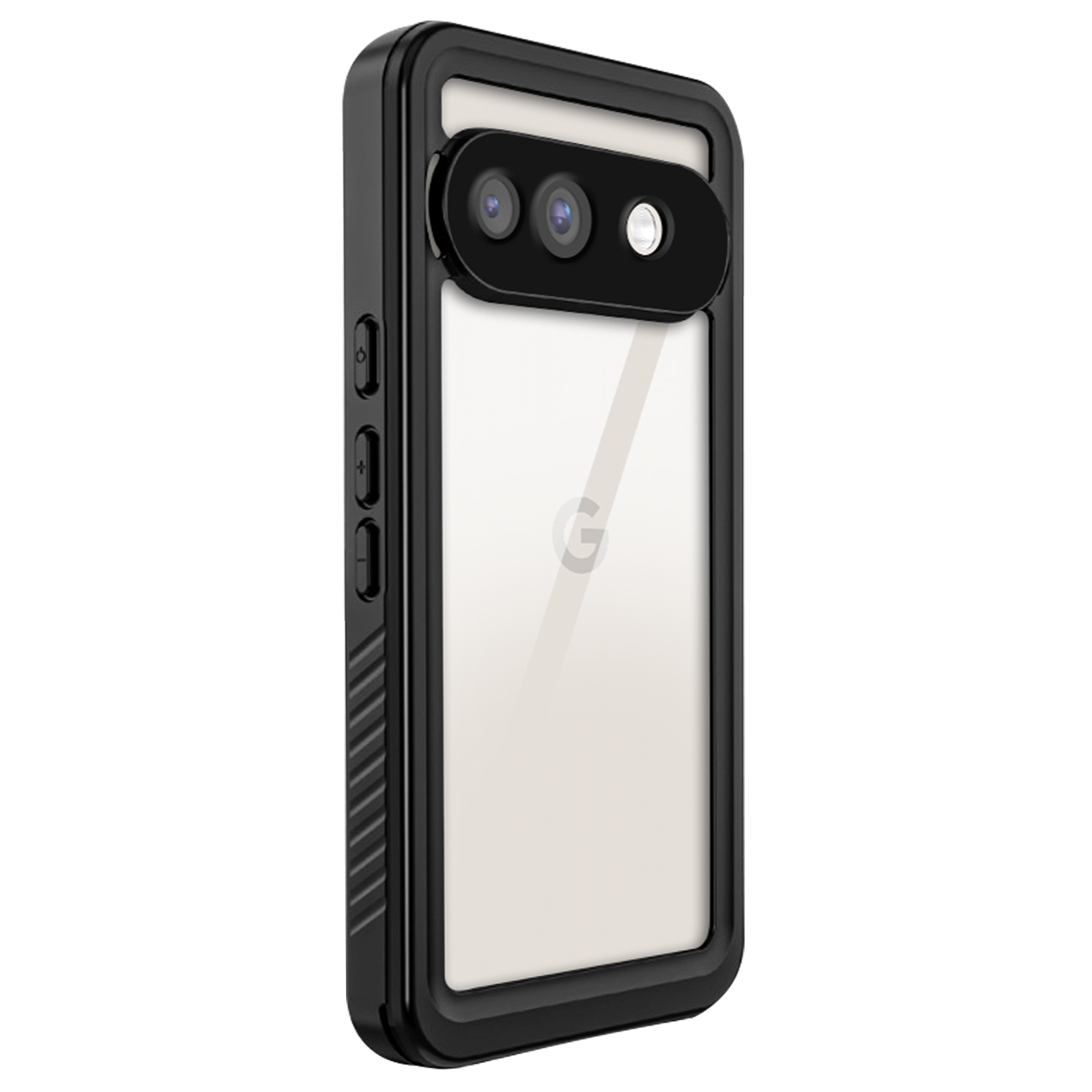 Custodia per telefono nera e trasparente. Bordi neri e intorno alla fotocamera. Il telefono è all'interno della custodia.