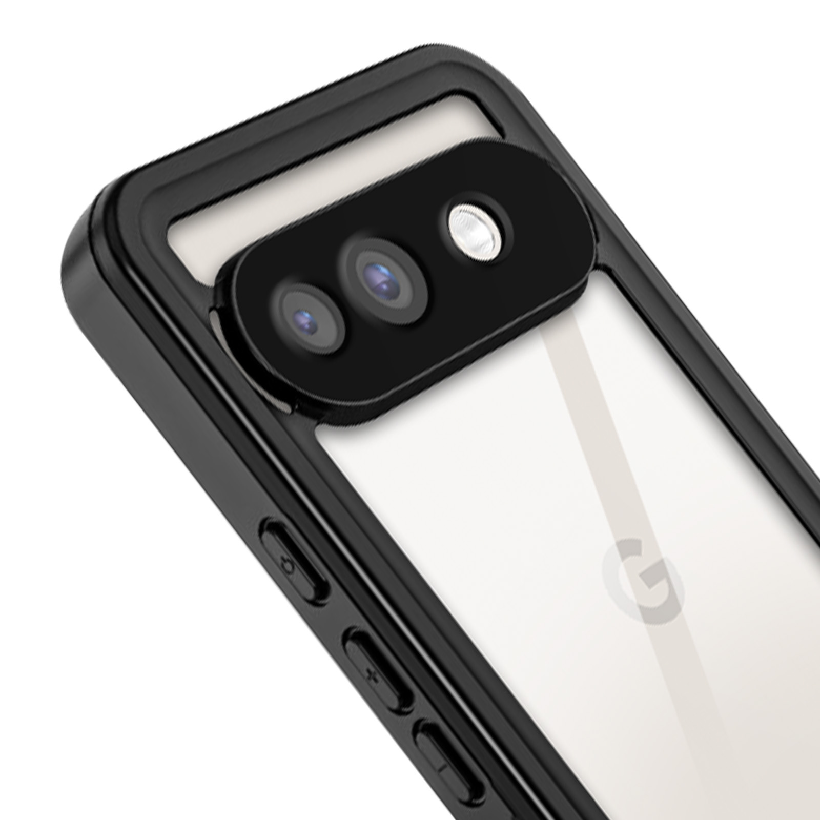 Custodia nera per telefono con un primo piano sulle lenti della fotocamera.