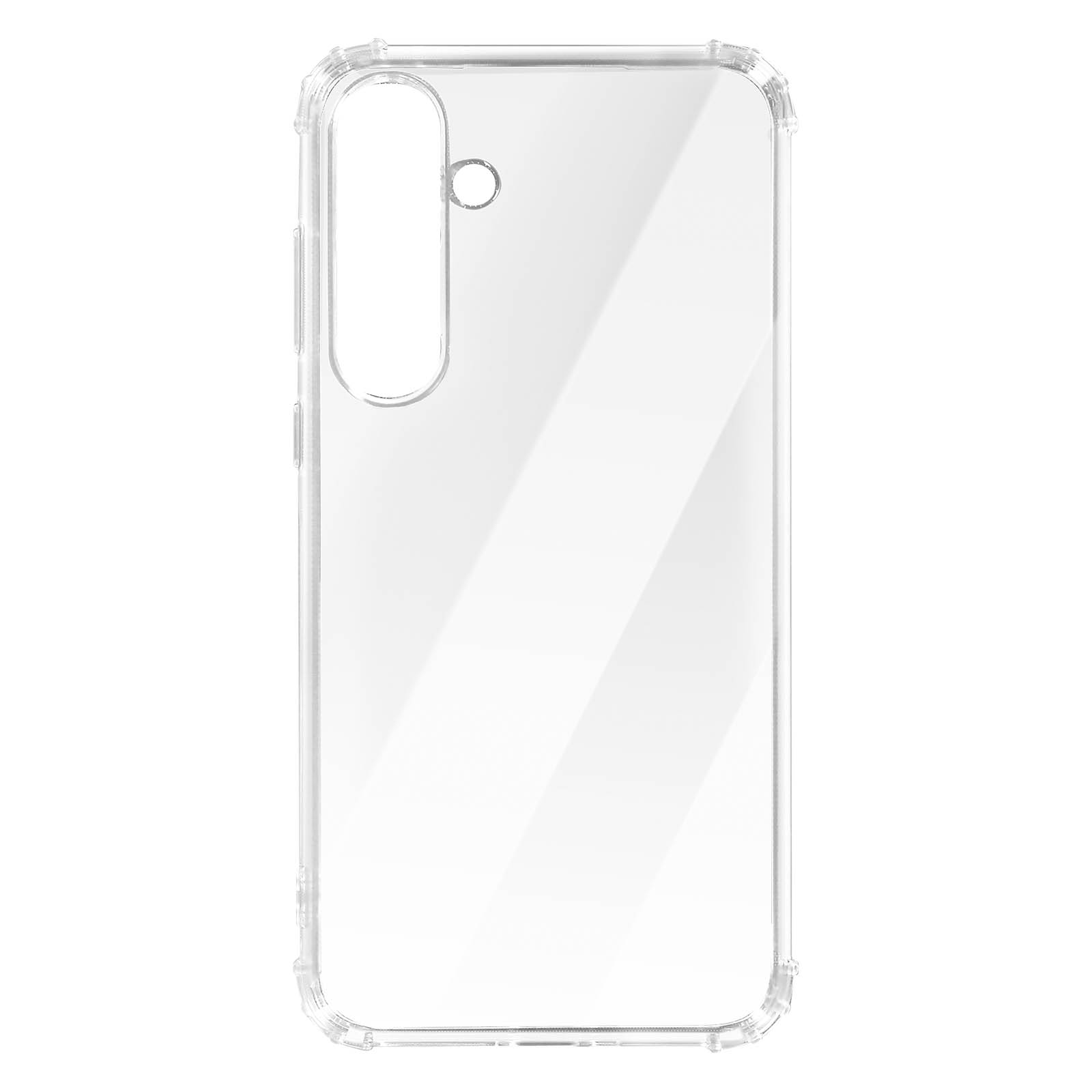 Custodia trasparente per telefono. Plastica rigida trasparente. Pulsanti laterali e ritaglio fotocamera. Forma rettangolare.