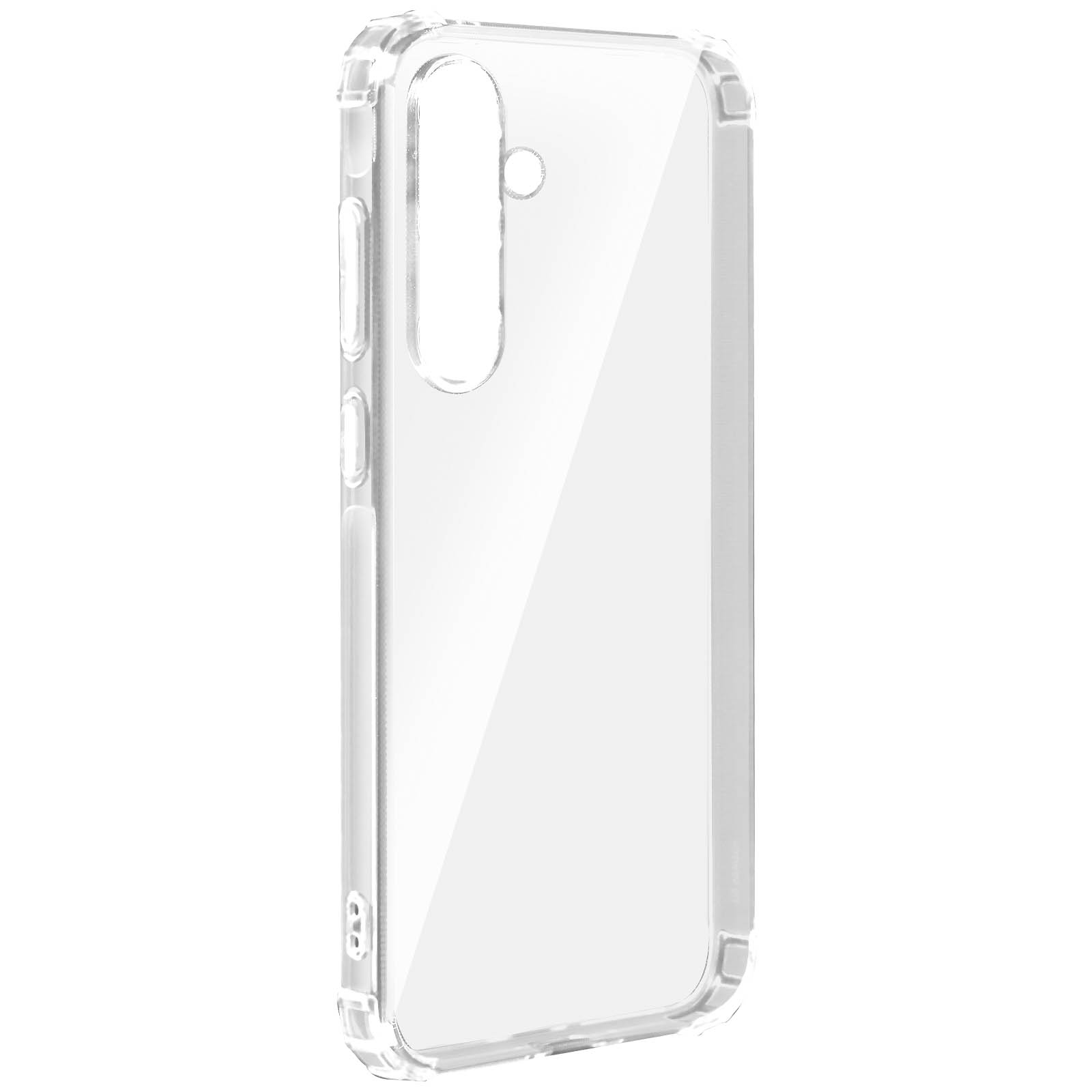 Custodia trasparente per telefono. Plastica rigida trasparente. Pulsanti laterali, ritaglio fotocamera. Forma rettangolare.