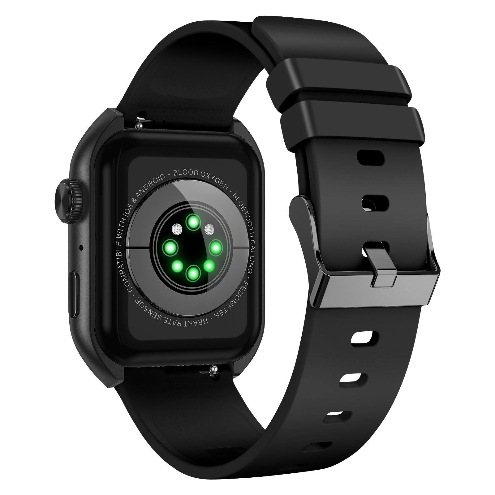 Montre connectée noire avec bracelet noir. Affiche l'oxygène sanguin et le capteur de fréquence cardiaque.
