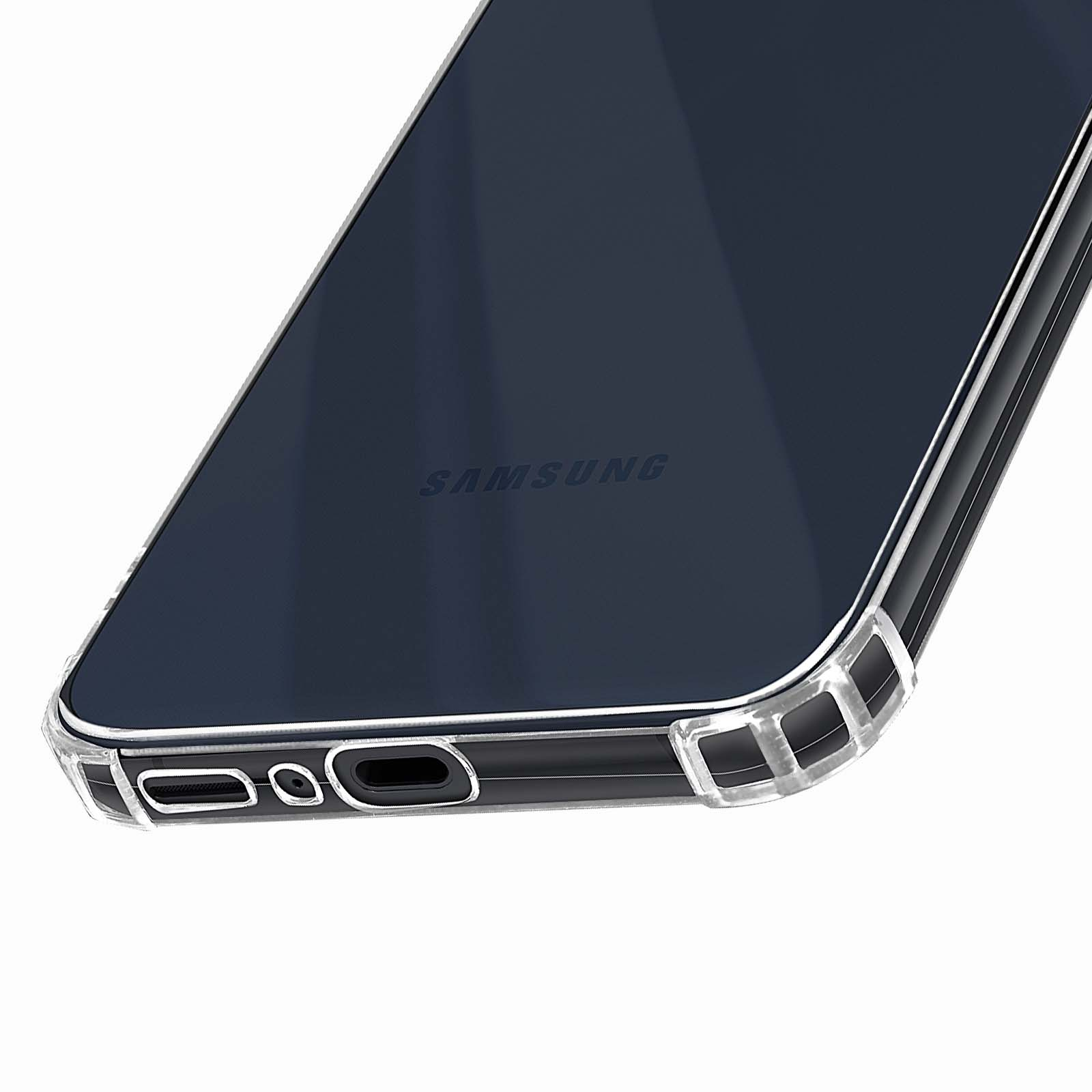 Custodia trasparente su telefono scuro. Cornice in plastica trasparente. La parola SAMSUNG è visibile.