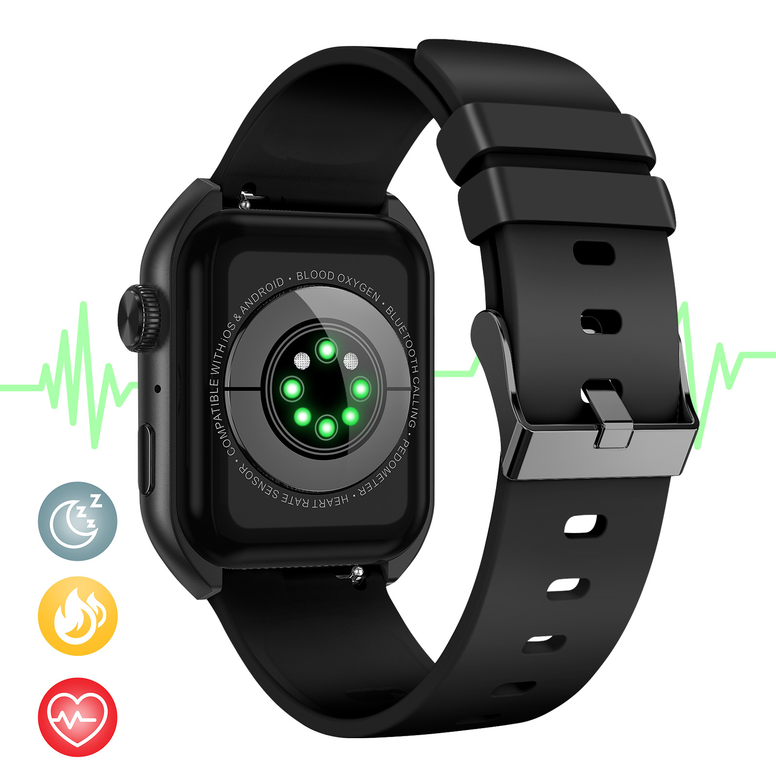 Montre connectée noire avec bracelet noir. Affiche fréquence cardiaque et données de santé.