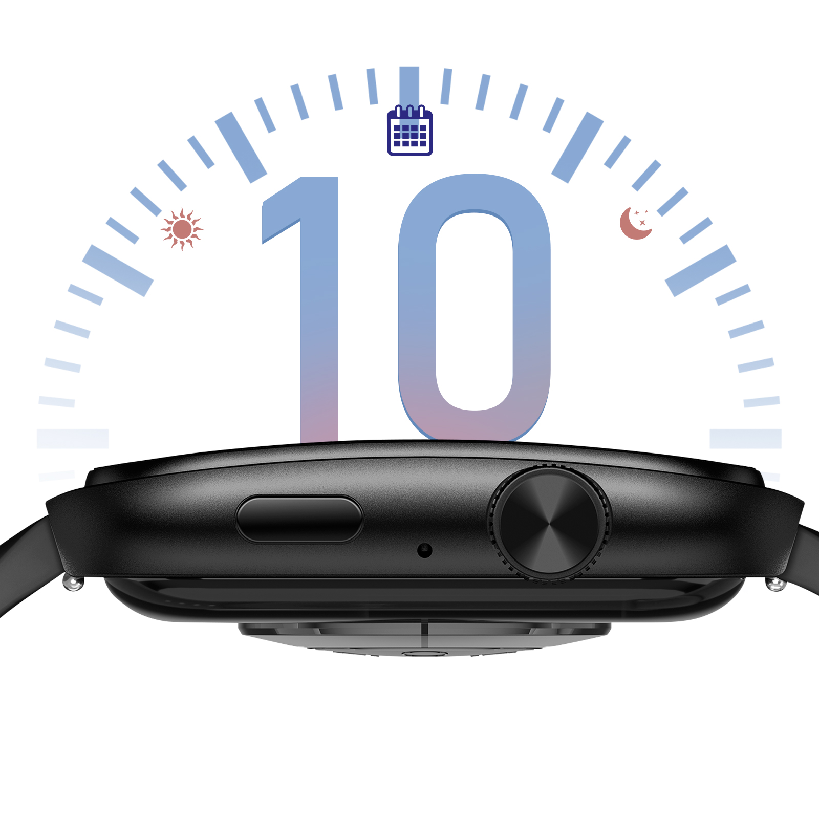 Montre connectée noire affichant l'heure et une icône soleil/lune. L'écran numérique affiche le chiffre 10.