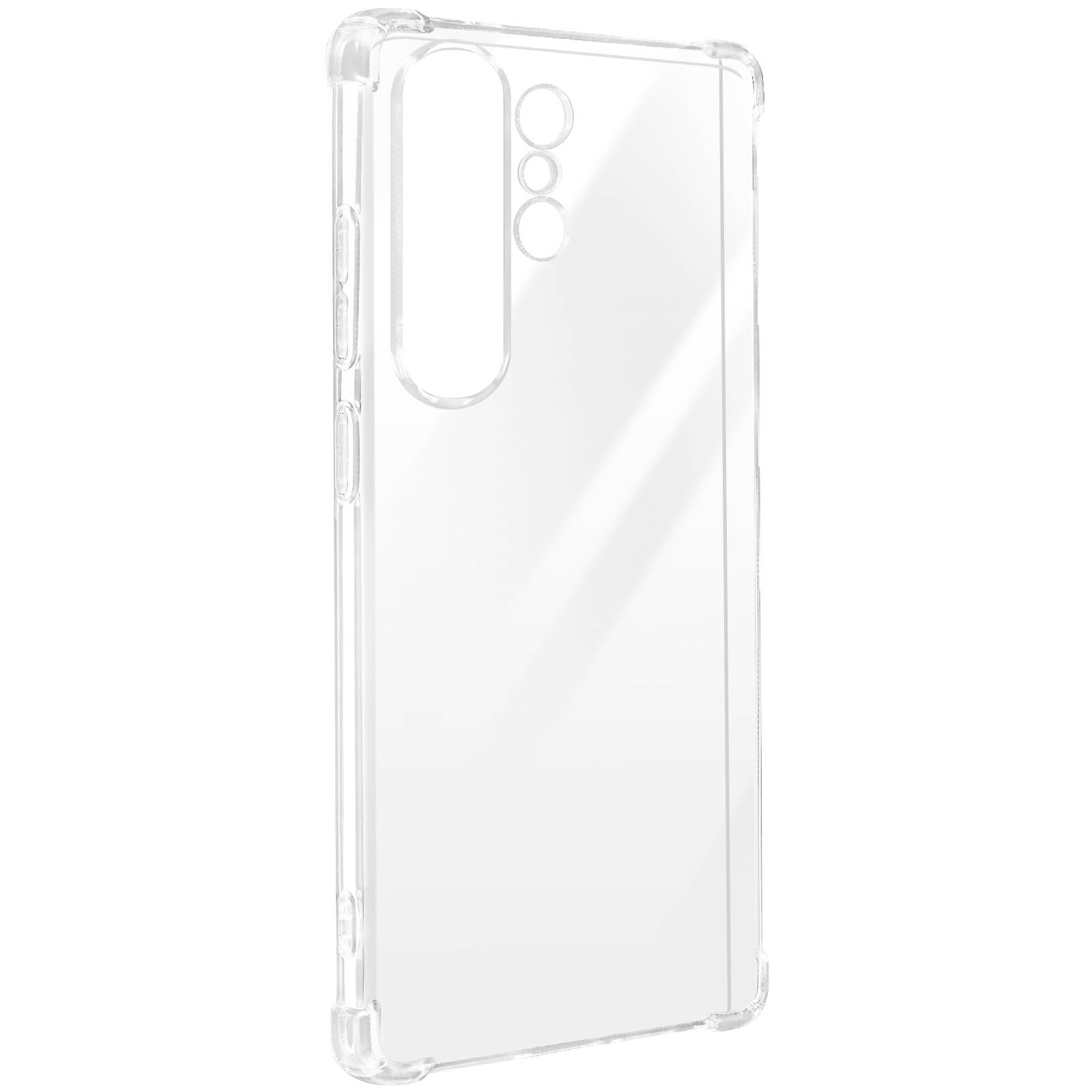 Custodia trasparente. Plastica trasparente, fori per fotocamera e pulsanti laterali. Vuota.