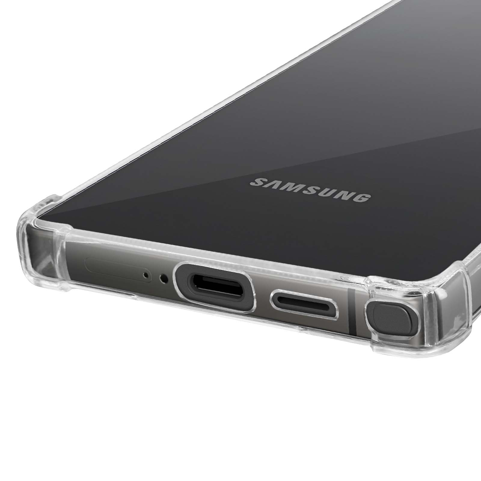 Primo piano del telefono in una custodia trasparente, lo schermo è visibile con il logo Samsung.