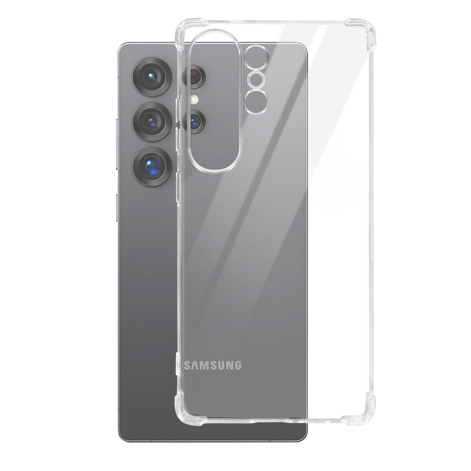 Telefono con custodia trasparente. Telefono grigio con custodia trasparente. Tre fotocamere, logo Samsung.
