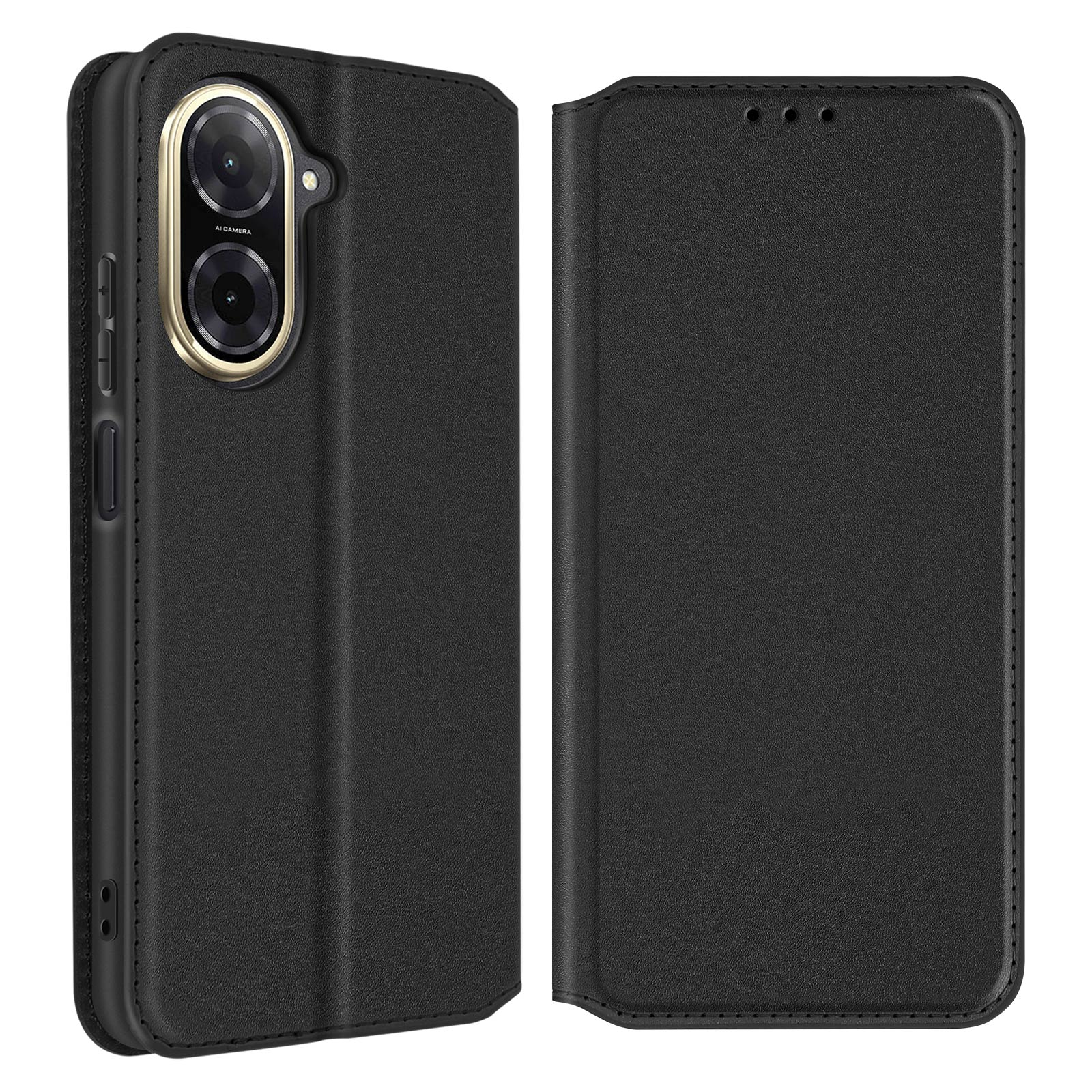 Custodia a portafoglio nera con telefono all'interno, che mostra la parte anteriore con ritagli per fotocamera e copertura chiusa.