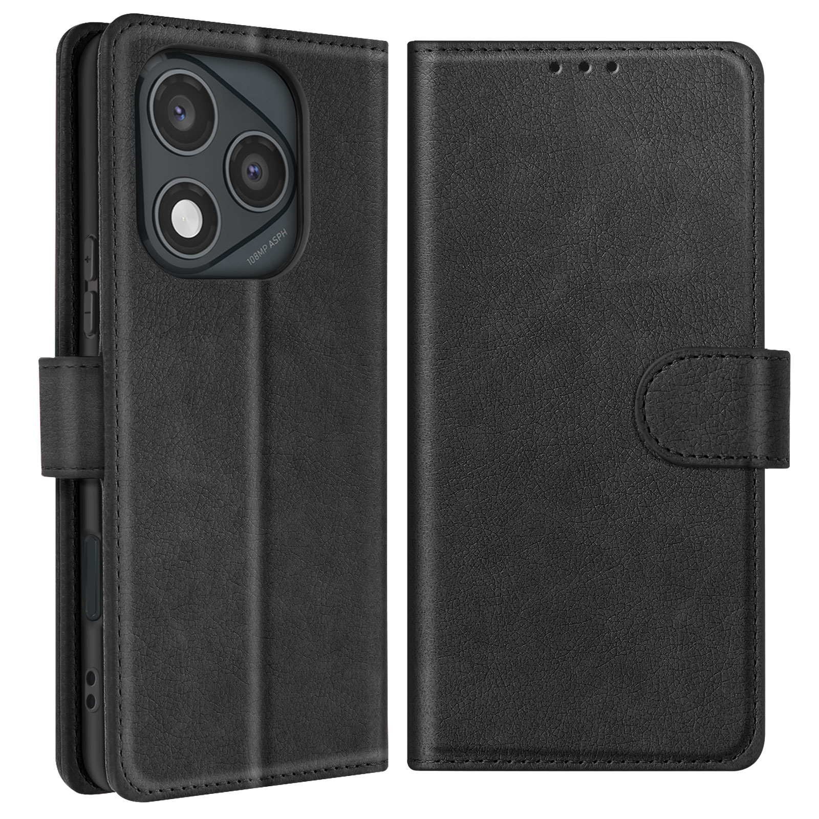 Custodia a portafoglio nera aperta, che mostra il telefono con ritagli per fotocamera e l'interno della cover.