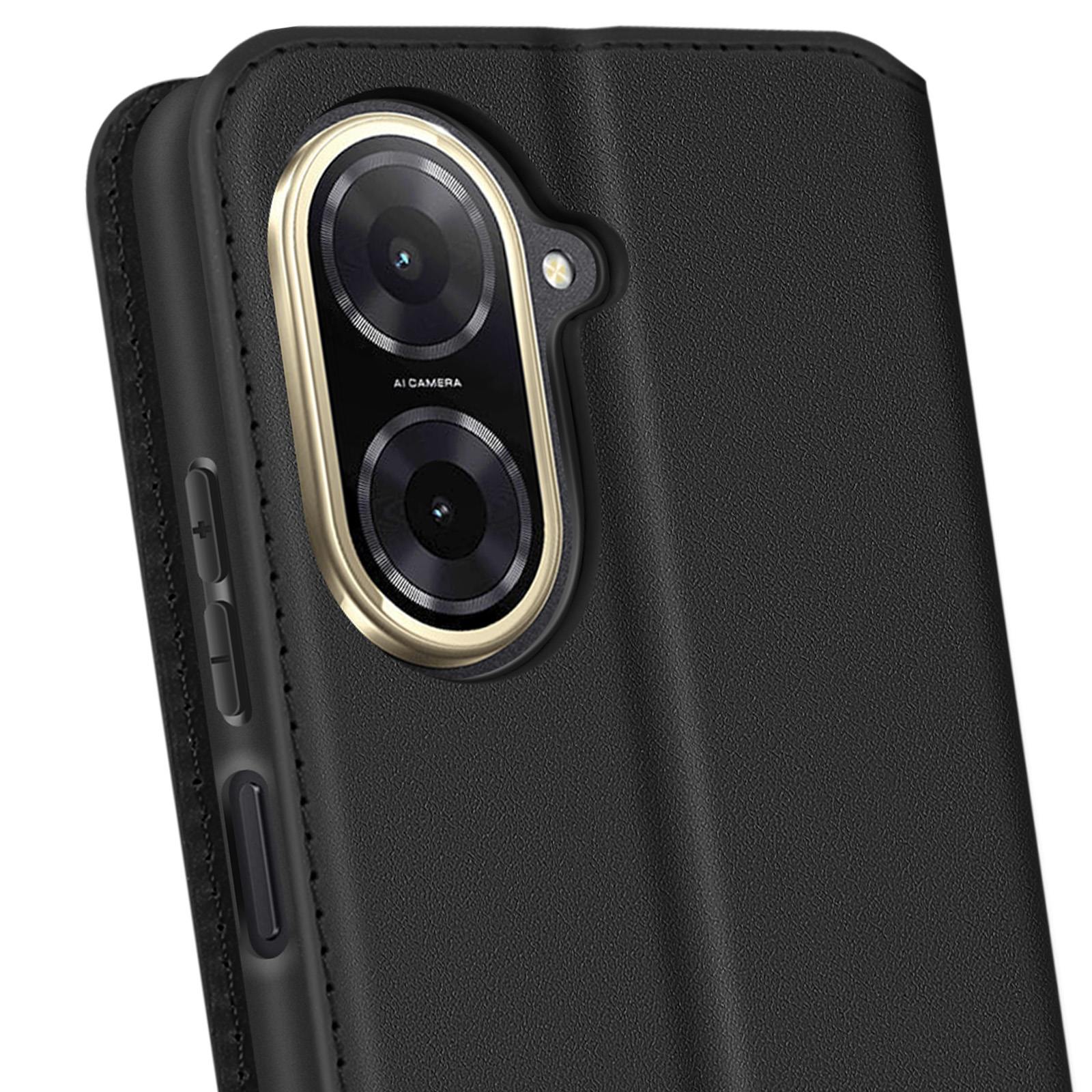 Dettaglio della custodia nera del telefono. Primo piano del modulo fotocamera con anello dorato, texture in pelle.