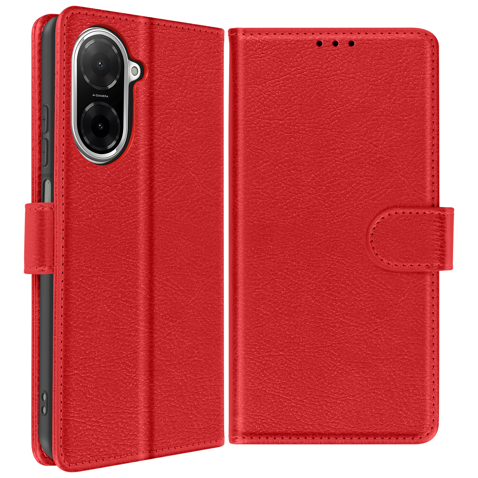 Custodia a portafoglio rossa con telefono all'interno, che mostra la parte anteriore con ritagli per fotocamera e copertura chiusa.